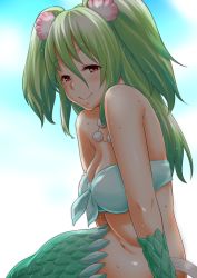 Rule 34 | 1girl, agatadaigo, bandeau, bare shoulders, blush, breasts, clam, cleavage, front-tie top, gem, green hair, jewelry, mermaid, monster girl, muromi-san, namiuchigiwa no muromi-san, navel, necklace, pearl (gemstone), red eyes, seashell, shell, short hair, smile, solo, twintails, two side up, wet