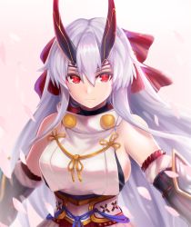 Rule 34 | 1girl, armor, bare shoulders, breasts, closed mouth, fate/grand order, fate (series), hair between eyes, hair ribbon, headband, horns, japanese armor, japanese clothes, kurobuchi numama, long hair, looking at viewer, medium breasts, oni horns, petals, red eyes, ribbon, sideboob, silver hair, smile, solo, tomoe gozen (fate), upper body