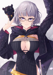 Rule 34 | 1girl, absurdres, black collar, black dress, collar, cutout above navel, dress, elbow gloves, fate/grand order, fate (series), glasses, gloves, grey hair, highres, hood, hooded jacket, jacket, jacques de molay (foreigner) (fate), lamb, looking at viewer, regale, sheep, short dress, single elbow glove, solo, strapless, strapless dress, tube dress