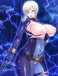 Rule 34 | 00s, 1girl, belt, blonde hair, blue eyes, blue lips, blush, bodysuit, grabbing another&#039;s breast, breasts, breasts out, covered navel, female focus, grabbing, inverted nipples, large breasts, laura flockhart, lilith-soft, looking at viewer, miyamoto issa, moaning, nipples, shiny skin, short hair, solo, standing, taimanin (series), taimanin asagi kessen arena, thigh strap, torn bodysuit, torn clothes, weapon, white background