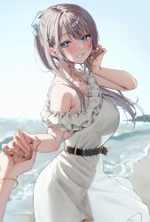 Rule 34 | 2girls, bare shoulders, belt, black belt, blue eyes, blush, bracelet, breasts, chigusa minori, commentary request, corrupted twitter file, dress, female pov, frills, grey hair, hair ornament, hairclip, highres, jewelry, large breasts, looking at viewer, multiple girls, ocean, outdoors, parted lips, pov, saotome shino (shino to ren), see-through silhouette, shino to ren, shirayuki ren, smile, white dress, yuri