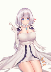 Rule 34 | 1girl, absurdres, azur lane, blue eyes, breasts, cleavage, detached collar, dress, elbow gloves, gloves, heart, highres, hitori yui, illustrious (azur lane), lap pillow invitation, large breasts, long hair, looking at viewer, mimikaki, simple background, sitting, smile, solo, strapless, strapless dress, tri tails, white background, white dress, white gloves, white hair