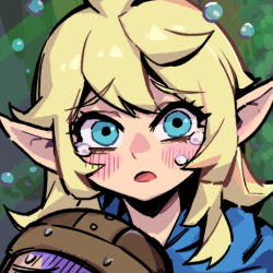 Rule 34 | 1girl, blonde hair, blue eyes, blush, crying, doni (dungeon meshi), dungeon meshi, elf, eyelashes, fionil (dungeon meshi), gloom (expression), green background, looking at viewer, medium hair, out of frame, parted lips, phantom ix row, pointy ears, portrait, solo focus