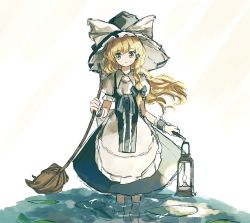 Rule 34 | 1girl, absurdres, apron, black bow, black dress, blonde hair, bow, braid, broom, dress, feet out of frame, frilled apron, frills, hair bow, hat, hat bow, highres, in water, kirisame marisa, lamp, lily pad, long hair, looking to the side, neruzou, puffy short sleeves, puffy sleeves, short sleeves, side braid, single braid, solo, teeth, touhou, wading, waist apron, water, white apron, white background, white bow, witch hat, wrist cuffs, yellow eyes