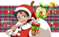 Rule 34 | 1boy, :d, bell, black hair, blue eyes, box, closed eyes, commentary request, creatures (company), eyelashes, fangs, game freak, gen 8 pokemon, gift, gift box, goh (pokemon), grookey, hands up, haruhi (xy161027z), hat, holding, holding gift, holding sack, holly, long sleeves, looking at viewer, male focus, merry christmas, musical note, nintendo, open mouth, plaid, pokemon, pokemon (anime), pokemon journeys, red headwear, sack, santa hat, short hair, smile, star (symbol), teeth, tongue, upper body, upper teeth only