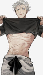 Rule 34 | 1boy, :p, abs, artist name, black shirt, blue eyes, closed mouth, clothes lift, colored eyelashes, commentary, cowboy shot, english commentary, eyelashes, gojou satoru, hands up, jujutsu kaisen, kadeart, lifted by self, looking at viewer, male focus, navel, nipples, scar, scar on stomach, shirt, shirt lift, short hair, short sleeves, signature, simple background, smile, solo, standing, stomach, t-shirt, tongue, tongue out, white background, white hair