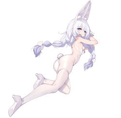 Rule 34 | + +, 1girl, animal ears, azur lane, blue eyes, braid, breasts, commentary request, deatheach, fake animal ears, hairband, high heels, highres, le malin (azur lane), le malin (listless lapin) (azur lane), leotard, long hair, looking at viewer, looking back, official alternate costume, pantyhose, parted lips, playboy bunny, rabbit ears, rabbit tail, silver hair, simple background, small breasts, solo, tail, thigh strap, twin braids, very long hair, white background, white footwear, white hairband, white leotard, white pantyhose