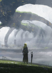 Rule 34 | 1girl, absurdres, asteroid ill, black skirt, blonde hair, chinese commentary, commentary request, cornea (asteroid ill), fog, from behind, grass, highres, long hair, original, scenery, skeleton, skirt, solo, standing, sword, weapon, wide shot, wind