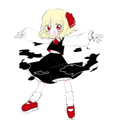 Rule 34 | 1girl, :d, black vest, blonde hair, blush, hair ribbon, highres, m24 chair, open mouth, red eyes, red footwear, ribbon, rumia, simple background, smile, solo, touhou, vest, white background