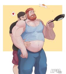 Rule 34 | 2boys, absurdres, avero art, bara, beard, big belly, biting, blush, bulge, clothes lift, cooking, couple, egg (food), facial hair, fat, fat man, feet out of frame, flying, food, frying pan, full beard, hairy, heart, highres, holding, holding frying pan, kiss, large pectorals, lifting another&#039;s clothes, male focus, mature male, multiple boys, muscular, muscular male, navel hair, neck biting, notice lines, obese, orange hair, original, pectoral cleavage, pectorals, shirt lift, short hair, size difference, sparse navel hair, spoken heart, stomach, surprise kiss, surprised, thick beard, thick mustache, undercut, yaoi