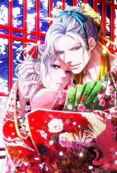 Rule 34 | 2boys, blue eyes, cover, cover page, floral print, gaithunder, hair ornament, hand in another&#039;s hair, hug, japanese clothes, looking at viewer, male focus, multiple boys, official art, oiran niisan, original, parted lips, purple eyes, silver hair, smile, wide sleeves, yaoi
