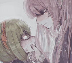 Rule 34 | 2girls, black jacket, bruise, bruise on face, clenched teeth, danganronpa: trigger happy havoc, danganronpa (series), eye contact, from side, green hair, grey background, hairband, hand on another&#039;s chin, injury, jacket, long hair, long sleeves, looking at another, medium hair, multiple girls, nail polish, naruse (nal1525), pink hair, profile, red hairband, simple background, teeth, towa monaca, upper body, utsugi kotoko
