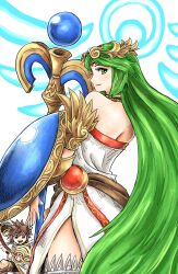 Rule 34 | 1boy, 1girl, ancient greek clothes, armlet, back, bare shoulders, blue eyes, brown hair, chain, chiton, circlet, forehead jewel, gold chain, greco-roman clothes, green eyes, green hair, highres, holding, holding shield, holding staff, jewelry, kicdon, kid icarus, kid icarus uprising, laurel crown, long hair, neck ring, nintendo, palutena, parted bangs, pit (kid icarus), shield, short hair, single thighhigh, solo focus, staff, thighhighs, vambraces, very long hair, white thighhighs