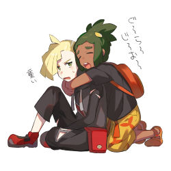 Rule 34 | 2boys, ahoge, backpack, bag, black hoodie, black pants, black shirt, blonde hair, blush, chestnut mouth, closed eyes, creatures (company), dark-skinned male, dark skin, drawstring, from side, full body, game freak, gladion (pokemon), green eyes, green hair, hair ornament, hairclip, hau (pokemon), hood, hoodie, hug, hug from behind, japanese text, knee up, kneeling, light blush, long sleeves, looking at another, looking back, male focus, multiple boys, nintendo, open mouth, orange footwear, pants, pokemon, pokemon sm, red footwear, sandals, shirt, shoes, short hair, short sleeves, shorts, simple background, sitting, sweat, talking, teeth, topknot, torn clothes, torn pants, translation request, unapoppo, white background, yellow shorts
