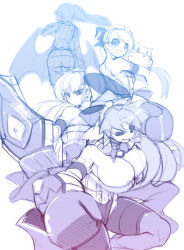 Rule 34 | 4girls, angry, blue theme, boxing gloves, breasts, bursting breasts, collar, demon girl, elbow gloves, frills, gloves, huge breasts, long hair, maid, maid headdress, mel/a, melmaid, monochrome, multiple girls, original, pantyhose, purple theme, ribbon, silhouette, thick thighs, thighs, twintails, weapon, wings