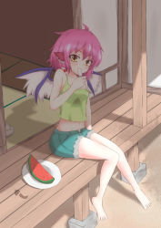 Rule 34 | 1girl, barefoot, contemporary, cutoffs, female focus, food, fruit, highres, krace, midriff, musical note, mystia lorelei, navel, off shoulder, pink hair, plate, popsicle, shadow, shorts, sitting, solo, strap slip, tank top, touhou, watermelon, wings, yellow eyes