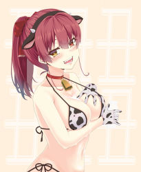 Rule 34 | 1girl, absurdres, animal ears, animal print, arm under breasts, bell, bikini, blush, breasts, bust cup, collar, collarbone, cow ears, cow horns, cow print, cowbell, fangs, fumitsunenaro, grabbing own breast, hairband, heterochromia, highres, hololive, horns, houshou marine, large breasts, looking at viewer, medium hair, milk, navel, neck bell, open mouth, ponytail, red collar, red eyes, red hair, sexually suggestive, sharp teeth, side-tie bikini bottom, simple background, smile, solo, suggestive fluid, swimsuit, teeth, virtual youtuber, wet, yellow eyes