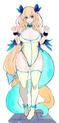 Rule 34 | 1girl, absurdly long hair, blonde hair, blue bow, blue eyes, blush, boots, bow, breasts, character request, collar, copyright request, curvy, hair bow, hair ornament, half-closed eyes, hanasaka houcha, hands up, highleg, highleg leotard, highres, hip focus, large breasts, leotard, long hair, looking at viewer, low-tied long hair, open mouth, simple background, smile, solo, standing, thigh boots, thighhighs, thighs, very long hair, white background, yellow footwear, yellow leotard, yellow thighhighs