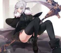 Rule 34 | 1girl, black jacket, black thighhighs, boots, breasts, cape, closed mouth, fate/grand order, fate (series), gloves, gray (fate), grey eyes, holding, jacket, long sleeves, looking at viewer, lord el-melloi ii case files, no panties, plaid, plaid skirt, ryairyai, scythe, skirt, solo, sword, thighhighs, weapon, white hair