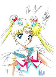 Rule 34 | 1girl, bishoujo senshi sailor moon, blonde hair, blue eyes, blue sailor collar, bow, brooch, choker, crescent, crescent earrings, double bun, earrings, hair bun, hair ornament, hairpin, heart, heart brooch, highres, jewelry, long hair, looking at viewer, magical girl, marco albiero, marker (medium), red bow, sailor collar, sailor moon, signature, smile, solo, super sailor moon, tiara, traditional media, tsukino usagi, twintails, upper body, white background