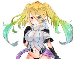 Rule 34 | 1girl, aqua hair, bikini, bikini bottom only, black bikini, black gloves, blonde hair, blue eyes, blue hair, blush, breasts, character request, chunithm, cona kinaco, furrowed brow, gloves, green hair, hair between eyes, heterochromia, large breasts, looking at viewer, multicolored hair, navel, parted lips, pink eyes, solo, swimsuit, twintails, white background