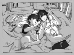 Rule 34 | 2boys, bag of chips, blanket, book, bookshelf, border, brothers, cable, cellphone, chopsticks, clothes writing, cowboy shot, curtains, drawstring, earphones, eokonuzu, food, food in mouth, greyscale, hand up, holding, holding phone, indoors, kageyama ritsu, kageyama shigeo, long sleeves, looking at phone, lying, male focus, mob psycho 100, monochrome, mouth hold, multiple boys, on back, open book, parted lips, phone, pillow, pocky, pointing, print shirt, shared earphones, shirt, short hair, siblings, side-by-side, t-shirt, tatami, towel, under covers, watch, wristwatch