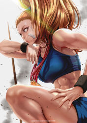 Rule 34 | 1girl, abs, bandages, bandage on face, bandaid, bare shoulders, blue eyes, blue scrunchie, blue sports bra, breasts, brown hair, captain mizuki, earrings, from side, high ponytail, highres, jewelry, long hair, magion02, medal, medium breasts, midriff, muscular, muscular female, one-punch man, ponytail, revision, scrunchie, solo, sports bra, sweat, thighs, toned, wristband