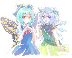 Rule 34 | 2girls, antennae, aqua hair, blue bow, blue dress, blue eyes, blue hair, blush, bow, butterfly wings, cirno, cirno (cosplay), closed mouth, collared shirt, cosplay, costume switch, detached wings, dress, eternity larva, eternity larva (cosplay), fairy, green dress, hair between eyes, hair bow, highres, ice, ice wings, insect wings, kaoling, leaf, leaf on head, multicolored clothes, multicolored dress, multiple girls, open mouth, orange eyes, shirt, short hair, short sleeves, simple background, smile, touhou, white background, white shirt, wings