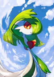 Rule 34 | 1girl, alternate hair length, alternate hairstyle, arm at side, arm up, blue background, blue sky, cloud, colored skin, creatures (company), day, female focus, flat chest, game freak, gardevoir, gen 3 pokemon, green hair, green skin, hair over one eye, highres, long hair, looking at viewer, maemuki, multicolored skin, nintendo, one eye covered, open mouth, outdoors, pokemon, pokemon (creature), red eyes, shading eyes, sky, solo, sunlight, two-tone skin, white skin