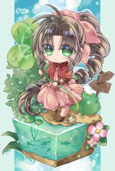 Rule 34 | 1girl, aerith gainsborough, ahoge, arestear0701, artist name, bangle, boots, bracelet, braid, braided ponytail, brown footwear, brown hair, chibi, choker, clover, cropped jacket, curly hair, dress, final fantasy, final fantasy vii, fish, flower, full body, green eyes, hair ribbon, highres, holding, holding clover, jacket, jewelry, leaf, light blush, long dress, long hair, looking at viewer, outdoors, parted bangs, pillarboxed, pink dress, pink flower, pink ribbon, plant, puffy short sleeves, puffy sleeves, red jacket, red ribbon, ribbon, ribbon choker, rock, short sleeves, sidelocks, single braid, solo, standing, water