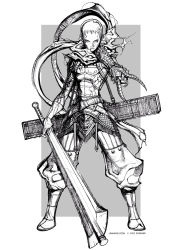 Rule 34 | 1boy, belt, boots, closed mouth, commentary, diren, english commentary, full body, gauntlets, greyscale, highres, holding, holding sword, holding weapon, limha lekan, looking at viewer, male focus, monochrome, official art, pants, scabbard, scarf, serious, sheath, short hair, solo, soulless, standing, sword, toned, toned male, very short hair, weapon