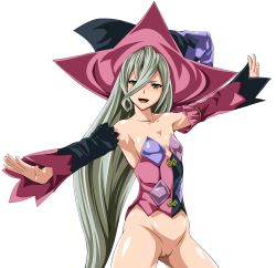 Rule 34 | 1girl, asymmetrical sleeves, bare shoulders, blush, bottomless, censored, detached sleeves, flat chest, green eyes, grey hair, hat, highres, long hair, magilou (tales), mismatched sleeves, mosaic censoring, namco, open mouth, outstretched arms, pussy, smile, solo, tales of (series), tales of berseria, tore-saki, transparent background, very long hair, white background, witch hat