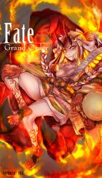 Rule 34 | 1girl, bare legs, blonde hair, breasts, bustier, claws, commentary request, copyright name, facial mark, fate/grand order, fate (series), fire, forehead jewel, hand on own knee, highres, horns, ibaraki douji (fate), japanese clothes, kimono, long hair, long sleeves, looking at viewer, makeup, off shoulder, oni, oni horns, sitting on hand, small breasts, smile, solo, talons, tattoo, torichamaru, twitter username, wide sleeves, yellow eyes