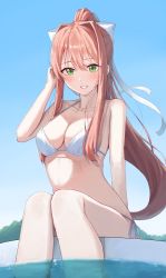 Rule 34 | 1girl, :d, absurdres, aftamc, bare arms, bare shoulders, bikini, blue sky, blush, bow, breasts, cleavage, collarbone, commission, day, doki doki literature club, green eyes, grin, hair bow, halterneck, hand in own hair, hand up, high ponytail, highres, large breasts, looking at viewer, monika (doki doki literature club), open mouth, outdoors, parted lips, ponytail, side-tie bikini bottom, sidelocks, sitting, skeb commission, sky, smile, soaking feet, solo, string bikini, swimsuit, water, white bikini, white bow