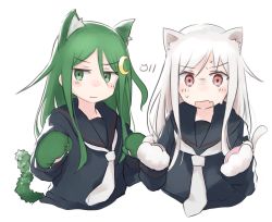Rule 34 | 2girls, animal ears, animal hands, black sailor collar, cat ears, cat tail, closed mouth, crescent, crescent hair ornament, cropped torso, fang, gloves, green eyes, green hair, hair ornament, highres, kantai collection, kikuzuki (kancolle), long hair, long sleeves, ma rukan, multiple girls, nagatsuki (kancolle), neckerchief, open mouth, paw gloves, red eyes, sailor collar, school uniform, serafuku, simple background, skin fang, sweat, tail, white background, white hair, white neckerchief