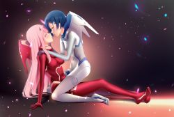 Rule 34 | 10s, 2girls, absurdres, aqua eyes, arm support, blue hair, bodysuit, breasts, cloudxmoe, commentary, darling in the franxx, eye contact, green eyes, hair ornament, hairband, hairclip, hand on another&#039;s cheek, hand on another&#039;s face, hand on another&#039;s shoulder, highres, horns, ichigo (darling in the franxx), long hair, looking at another, medium breasts, multiple girls, pink hair, red bodysuit, red horns, short hair, sitting, sitting on person, skin tight, small breasts, white bodysuit, white hairband, yuri, zero two (darling in the franxx)