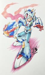 Rule 34 | 1boy, android, armor, artist name, blue eyes, bodysuit, boots, dragon horns, gloves, green eyes, highres, horns, looking at viewer, male focus, mega buster, mega man (series), mega man x (series), pn13ban, red gloves, standing, standing on one leg, weapon, white background, x (mega man)