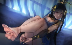 Rule 34 | 1girl, anklet, barefoot, black hair, black nails, blue dress, blue nails, braid, breasts, chinese clothes, choker, cleavage, detached sleeves, dress, feet, feet up, foot focus, foreshortening, highres, jewelry, large breasts, legs together, long braid, mu tian ming, nail polish, on ground, red eyes, scathegrapes, short dress, side braid, sitting, soles, solo, thunderbolt fantasy, toenail polish, toenails, toes