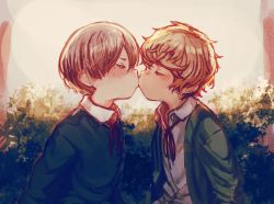 Rule 34 | 2boys, blonde hair, brown hair, bush, character request, child, child on child, closed eyes, collared shirt, commentary request, copyright request, couple, face-to-face, from side, fujihiro0412, green jacket, hair between eyes, highres, jacket, kiss, male focus, messy hair, multiple boys, original, outdoors, shirt, short hair, sweater vest, yaoi