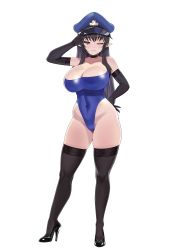 Rule 34 | 1girl, absurdres, black choker, black footwear, black gloves, black hair, black thighhighs, blue leotard, breasts, brown eyes, choker, cleavage, closed mouth, coat, collarbone, commentary request, commission, contrapposto, covered navel, dot nose, full body, gloves, hand on own hip, hand up, hat, high heels, highleg, highleg leotard, highres, hip vent, large breasts, legs apart, leotard, long bangs, looking at viewer, military hat, one eye closed, open clothes, open coat, original, pointy ears, salute, scvready, simple background, smile, solo, strapless, strapless leotard, thighhighs, thighs, white background