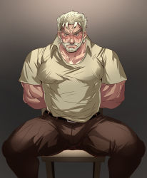 Rule 34 | 1boy, arms behind back, bara, beard, blush, bound, bound wrists, bulge, chair, facial hair, green eyes, grey hair, jojo no kimyou na bouken, joseph joestar, joseph joestar (old), large pectorals, male focus, manly, muscular, old, old man, pectorals, rybiok, sitting, solo, thick eyebrows, thick thighs, thighs, upper body