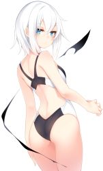 Rule 34 | 1girl, ass, bare arms, bare shoulders, blue eyes, blush, breasts, commentary request, competition swimsuit, cowboy shot, from behind, hair between eyes, hair ornament, hairclip, highleg, highleg swimsuit, highres, looking at viewer, one-piece swimsuit, original, otokuyou, ringo-chan (otokuyou), short hair, simple background, skindentation, small breasts, solo, swimsuit, two-tone swimsuit, white background, white hair
