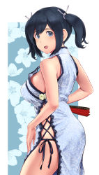 Rule 34 | 1girl, alternate costume, ass, black hair, blue eyes, blue hair, blush, breasts, china dress, chinese clothes, cowboy shot, dress, floral background, folded fan, folding fan, from behind, from side, hair ribbon, hand fan, highres, kantai collection, large breasts, long hair, looking at viewer, open mouth, ribbon, short hair, side-tie dress, sideboob, simple background, smile, solo, souryuu (kancolle), twintails, two-tone background, wa (genryusui), white dress