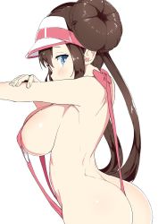 Rule 34 | 1girl, ass, blue eyes, breasts, brown hair, butt crack, creatures (company), double bun, game freak, hair bun, large breasts, long hair, looking at viewer, nintendo, one-piece swimsuit, pink one-piece swimsuit, pink slingshot swimsuit, pokemon, pokemon bw2, rosa (pokemon), sideboob, simple background, slingshot swimsuit, solo, swimsuit, tottotonero, twintails, visor cap, white background