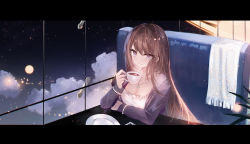 Rule 34 | 1girl, black jacket, bracelet, breasts, brown hair, cleavage, closed mouth, cloud, coffee, commentary request, couch, cup, dress, fringe trim, full moon, hair between eyes, highres, holding, holding cup, indoors, jacket, jewelry, juexing (moemoe3345), looking at viewer, medium breasts, moon, night, night sky, open clothes, open jacket, original, pearl bracelet, plate, purple eyes, sitting, sky, smile, solo, star (sky), starry sky, table, upper body, white dress, window