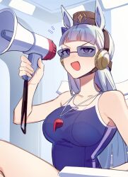 Rule 34 | 1girl, absurdres, animal ears, bare shoulders, blue one-piece swimsuit, bow, breasts, brown headwear, commentary request, gold ship (umamusume), grey hair, highres, holding, holding megaphone, horse ears, horse girl, indoors, jenshenya, large breasts, lifeguard chair, long hair, megaphone, one-piece swimsuit, open mouth, pillbox hat, purple bow, purple eyes, sitting, smile, solo, sunglasses, swimsuit, tracen swimsuit, umamusume, upper body, v-shaped eyebrows, very long hair, whistle, whistle around neck