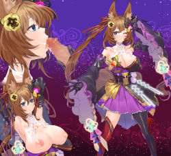 Rule 34 | 1girl, armpits, arms behind head, blue eyes, boots, breasts, brown hair, caleen keemosn, censored, cum, cum in mouth, fellatio, flower, flower hair ornament, fox ears, fox girl, fox shadow puppet, fox tail, gradient background, hair ribbon, highres, huge breasts, idol, idol clothes, lace, lace background, long hair, looking at another, looking to the side, mosaic censoring, multiple tails, nipples, one eye closed, oral, penis, ribbon, runes, cum, star (symbol), star ocean, star ocean anamnesis, starry background, tac, tail, thigh boots, thighhighs, twintails, very long hair, yellow flower