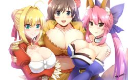 Rule 34 | 10s, 3girls, animal ears, blonde hair, blue legwear, blue ribbon, blush, braid, breasts, brown hair, c:, choker, cleavage, closed mouth, collarbone, cowboy shot, crop top, crossed arms, detached sleeves, dress, earrings, fate/extra, fate/grand order, fate (series), flower, fox ears, fox tail, french braid, frills, green eyes, grey eyes, hair bun, hair flower, hair intakes, hair ornament, hair ribbon, hoop earrings, hug, japanese clothes, jewelry, large breasts, long hair, looking afar, looking at viewer, mata hari (fate), multiple girls, nero claudius (fate), nero claudius (fate) (all), nero claudius (fate/extra), open mouth, orange dress, pink hair, puffy short sleeves, puffy sleeves, red dress, ribbon, sash, shiny skin, short sleeves, sidelocks, signature, simple background, single hair bun, smile, tail, tamamo (fate), tamamo no mae (fate/extra), the-sinner, thighhighs, upper body, white background, wrist cuffs, yellow eyes