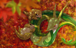 Rule 34 | autumn leaves, blurry, blurry foreground, claws, commentary, creatures (company), from above, game freak, gen 1 pokemon, gen 5 pokemon, highres, leaf, looking up, lying, nintendo, no humans, on back, outdoors, pn (ltpn 257), pokemon, pokemon (creature), red eyes, sandshrew, serperior, snake