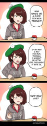 Rule 34 | 1girl, absurdres, adster, anger vein, angry, beret, brown eyes, brown hair, creatures (company), eyebrows, game freak, gloria (pokemon), hat, highres, matching hair/eyes, nintendo, open mouth, poke ball, pokemon, pokemon swsh, shirt, short hair, sitting, solo, sweater, text focus